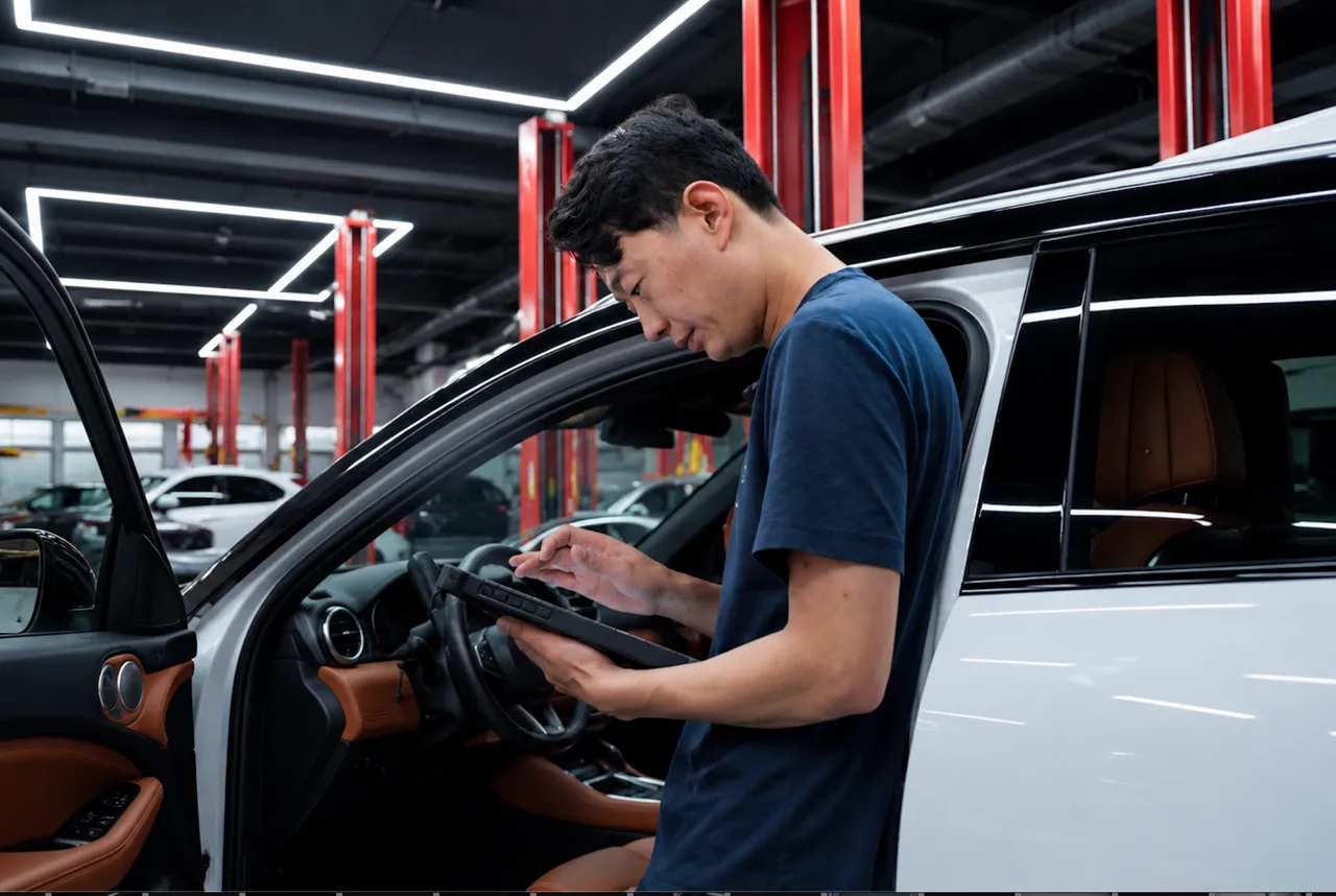 Specialist Luban diagnosticând un automobil chinezesc în atelier