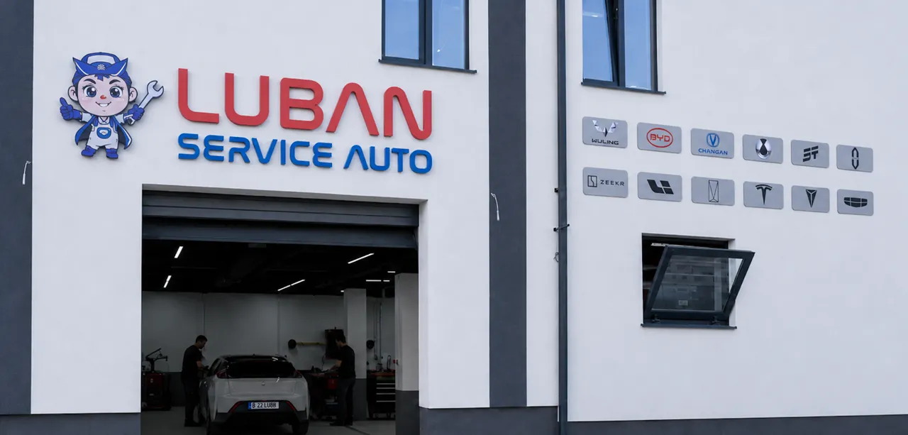 Fațada Luban Service Auto — mascota, logoul și mărcile deservite